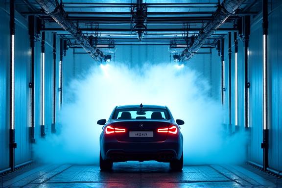Modern automated car wash tunnel with blue lights